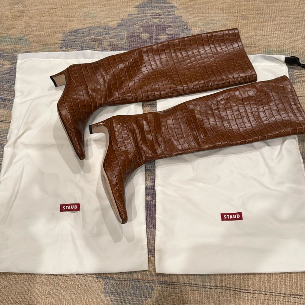 STAUD Brown Croc-Embossed Knee Boots
